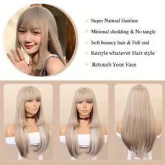 Long Straight Blonde Wig With Bangs Synthetic Wig For Women