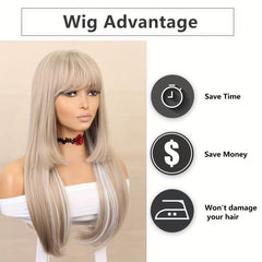 Long Straight Blonde Wig With Bangs Synthetic Wig For Women