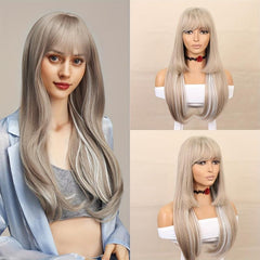 Long Straight Blonde Wig With Bangs Synthetic Wig For Women