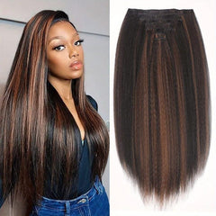 Kinky Straight Clip In Hair Extension 7 Pieces Highlights 1B 27 55 88 Cm