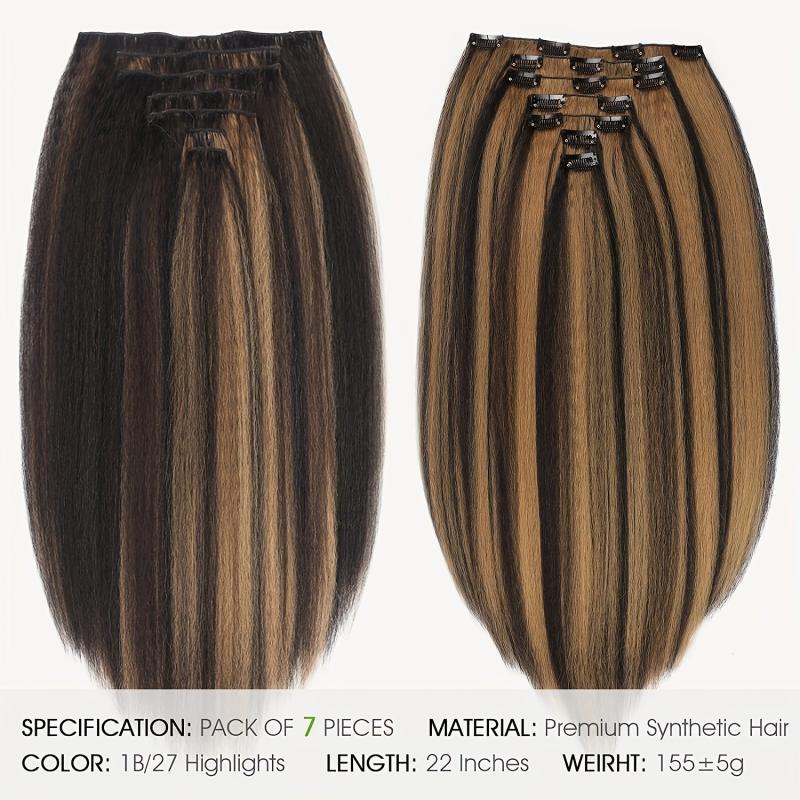 Kinky Straight Clip In Hair Extension 7 Pieces Highlights 1B 27 55 88 Cm
