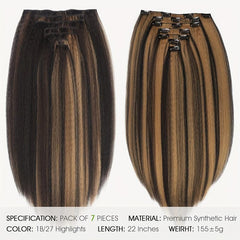 Kinky Straight Clip In Hair Extension 7 Pieces Highlights 1B 27 55 88 Cm