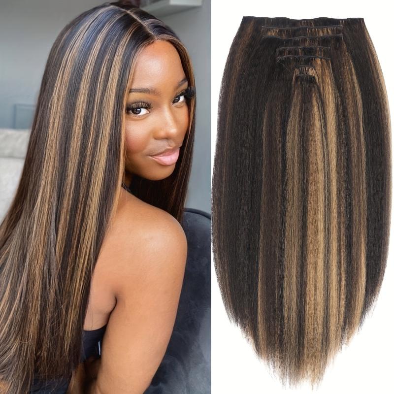 Kinky Straight Clip In Hair Extension 7 Pieces Highlights 1B 27 55 88 Cm