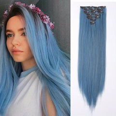 60-96 cm Long Straight Synthetic Clip In Hair Extensions in Brown Gray Pink