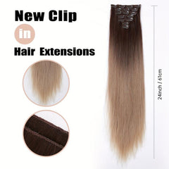 60-96 cm Long Straight Synthetic Clip In Hair Extensions in Brown Gray Pink