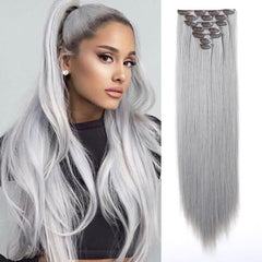 60-96 cm Long Straight Synthetic Clip In Hair Extensions in Brown Gray Pink