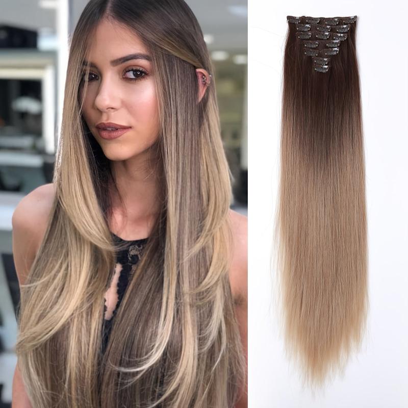 60-96 cm Long Straight Synthetic Clip In Hair Extensions in Brown Gray Pink