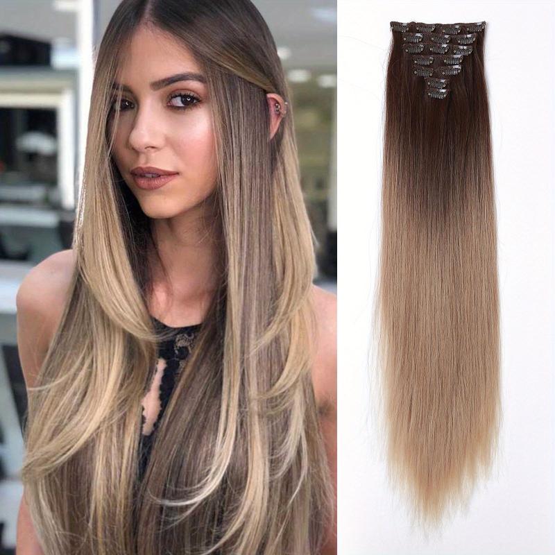 60-96 cm Long Straight Synthetic Clip In Hair Extensions in Brown Gray Pink