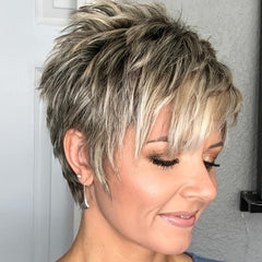 Short Blonde Pixie Cut Wig with Bangs Curly Layered