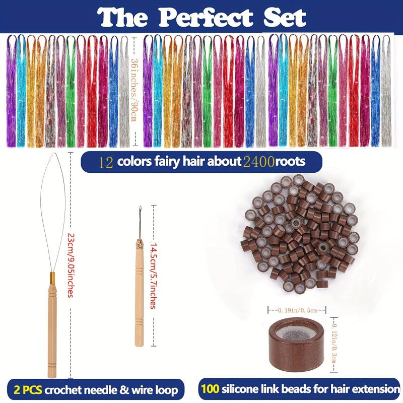 12 Colors Hair Tinsel Kit - 2400 Strands Extensions, 2 Needles, 100 Link Beads