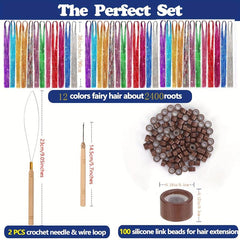 12 Colors Hair Tinsel Kit - 2400 Strands Extensions, 2 Needles, 100 Link Beads