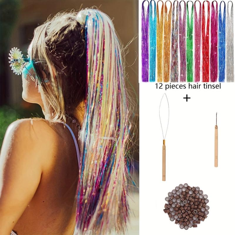 12 Colors Hair Tinsel Kit - 2400 Strands Extensions, 2 Needles, 100 Link Beads