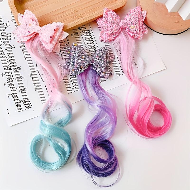 Colorful Wavy Wig Hair Clips Bows for Girls Hair Braided Extension