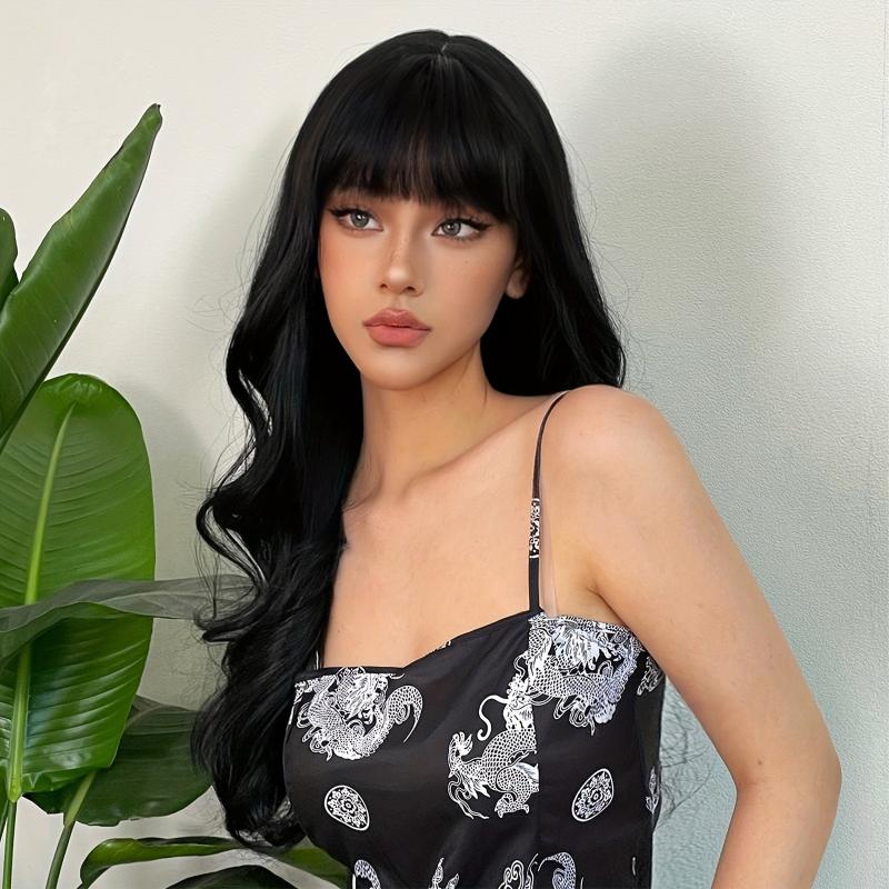 28 Inch Long Curly Wigs With Bangs Synthetic Wigs for Daily Use