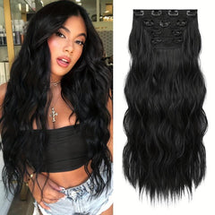 4pcs Long Water Wave Synthetic Hair Extensions Clip on Curly Hair