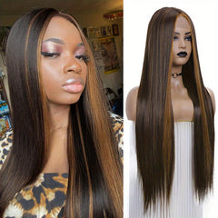 Colorful Lace Front Wig Long Straight Highlight Synthetic Wig