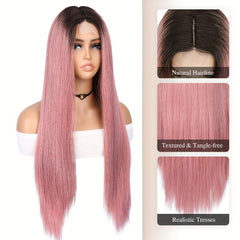 Colorful Lace Front Wig Long Straight Highlight Synthetic Wig