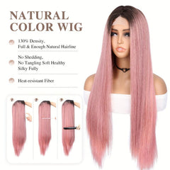Colorful Lace Front Wig Long Straight Highlight Synthetic Wig