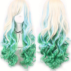 Curly Ombre Green Synthetic Wig with Bangs for Women