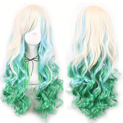 Curly Ombre Green Synthetic Wig with Bangs for Women