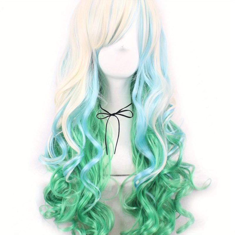 Curly Ombre Green Synthetic Wig with Bangs for Women