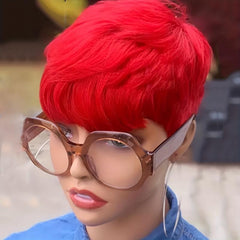 Red Short Pixie Wig 150 Density Full Machine Wig for Daily Use Party