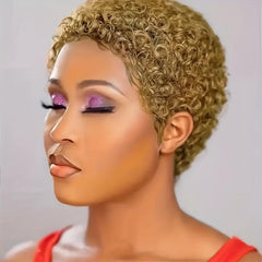 Afro Curly Short Human Hair Wig With Bangs Pixie Cut 1B Blond Red Wine Halloween