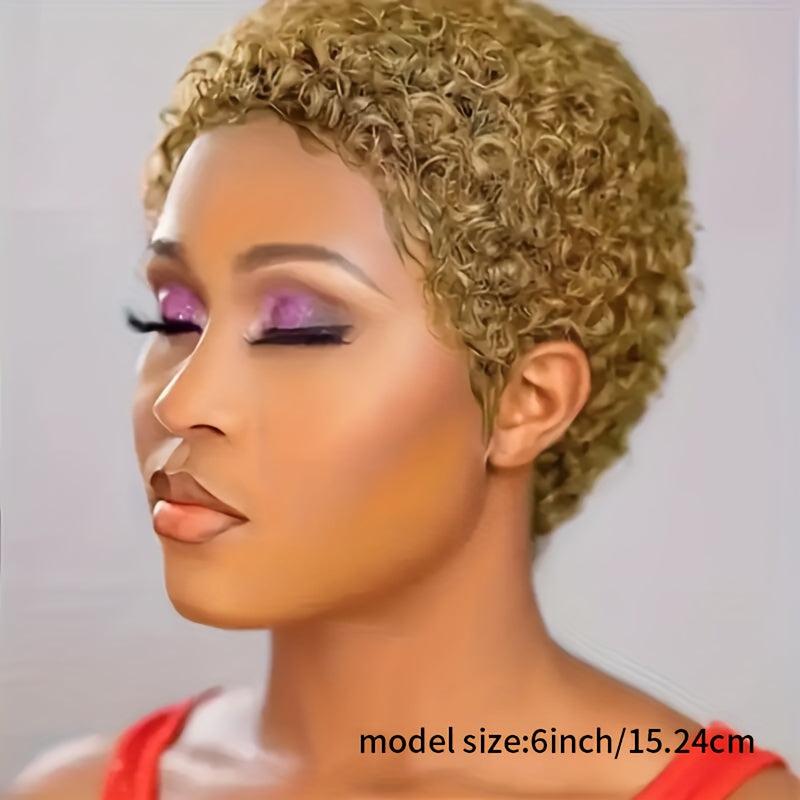 Afro Curly Short Human Hair Wig With Bangs Pixie Cut 1B Blond Red Wine Halloween