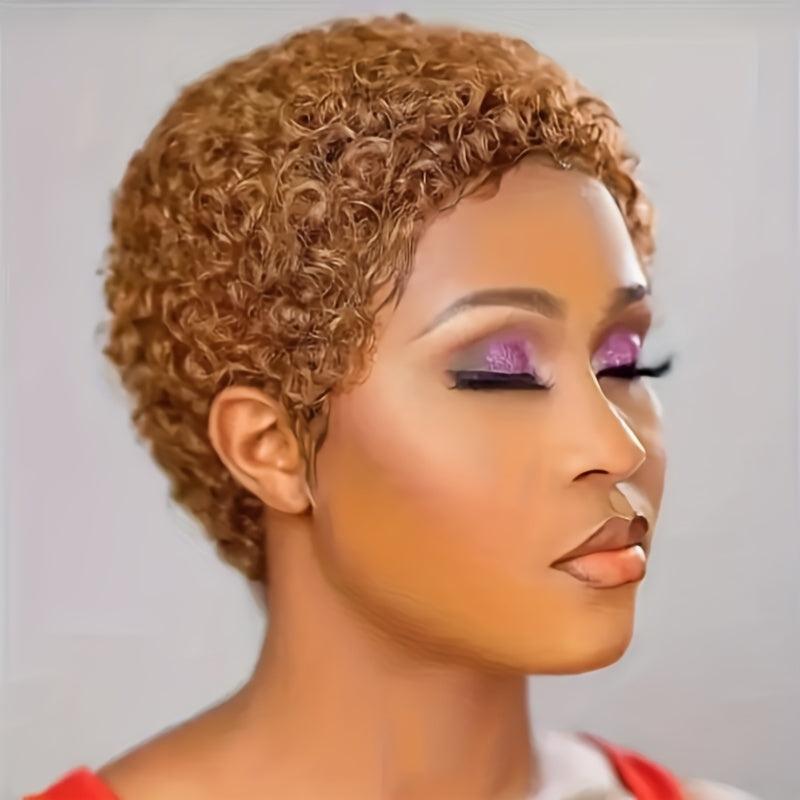 Afro Curly Short Human Hair Wig With Bangs Pixie Cut 1B Blond Red Wine Halloween