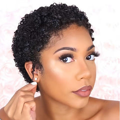 Afro Curly Short Human Hair Wig With Bangs Pixie Cut 1B Blond Red Wine Halloween