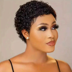 Afro Curly Short Human Hair Wig With Bangs Pixie Cut 1B Blond Red Wine Halloween