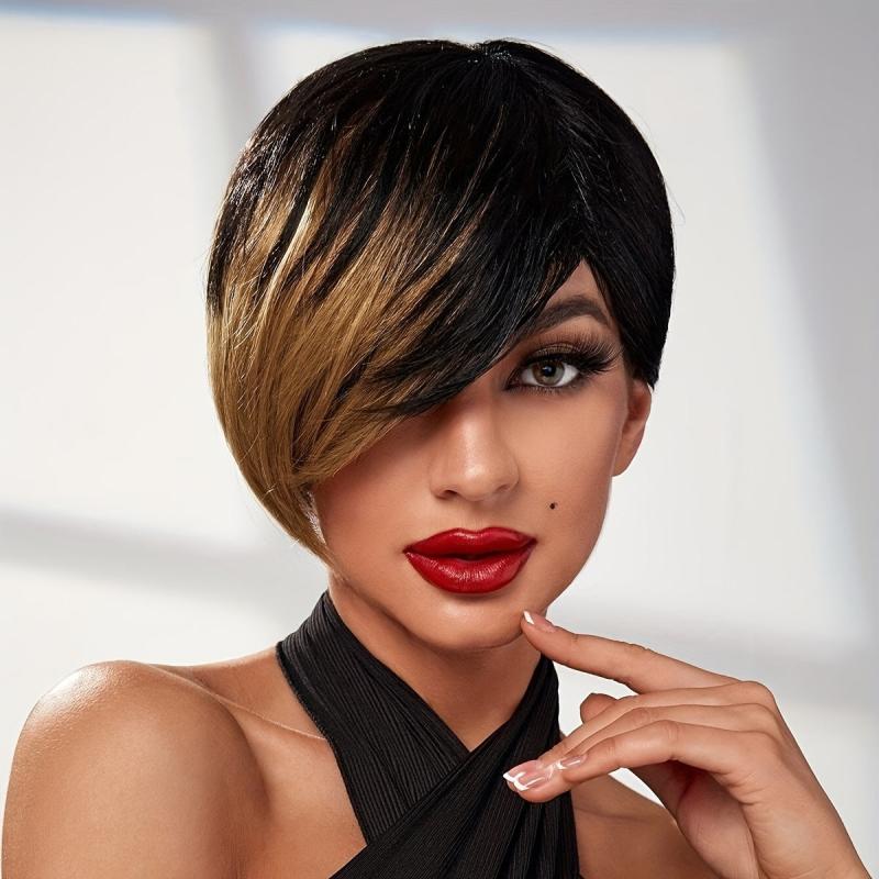 Ombre Short Straight Bob Hair Wig With Side Fringe Pixie Cut