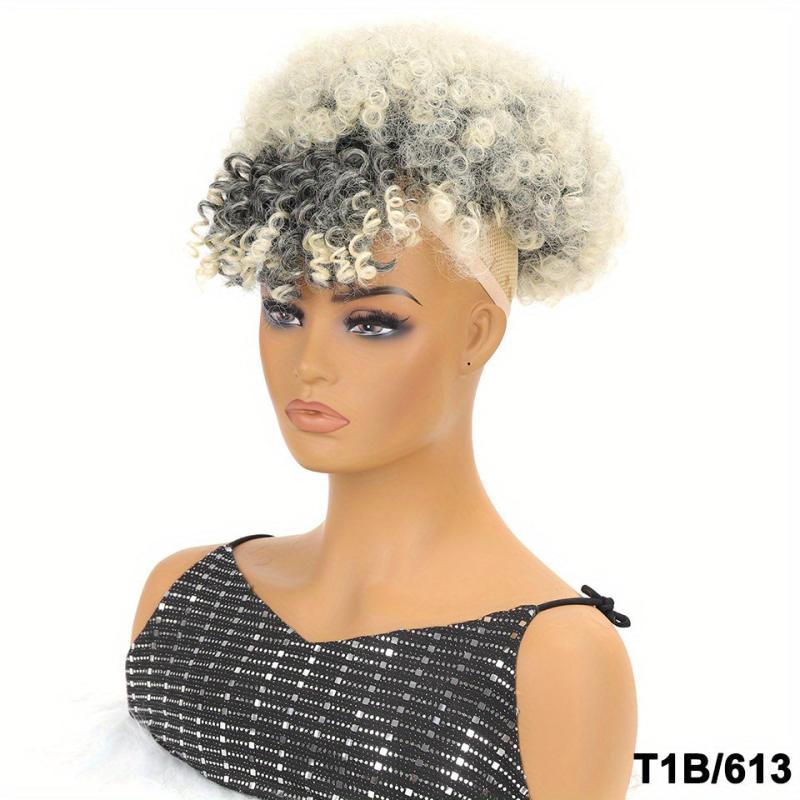 Short Kinky Curly Chignon with Bangs for Women