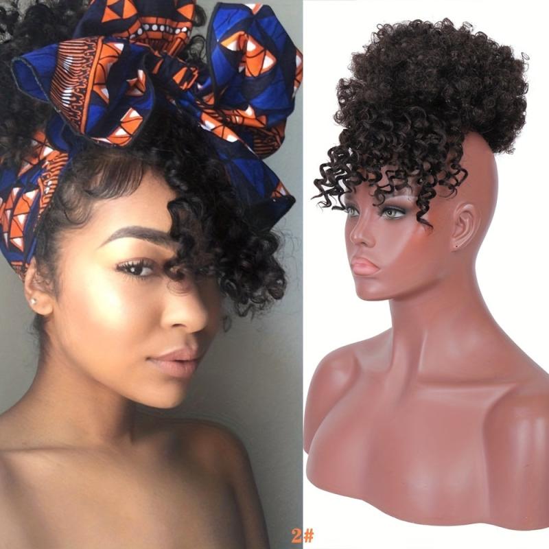 Short Kinky Curly Chignon with Bangs for Women