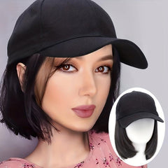 Short Straight Bob Wig with Baseball Cap - Natural Look
