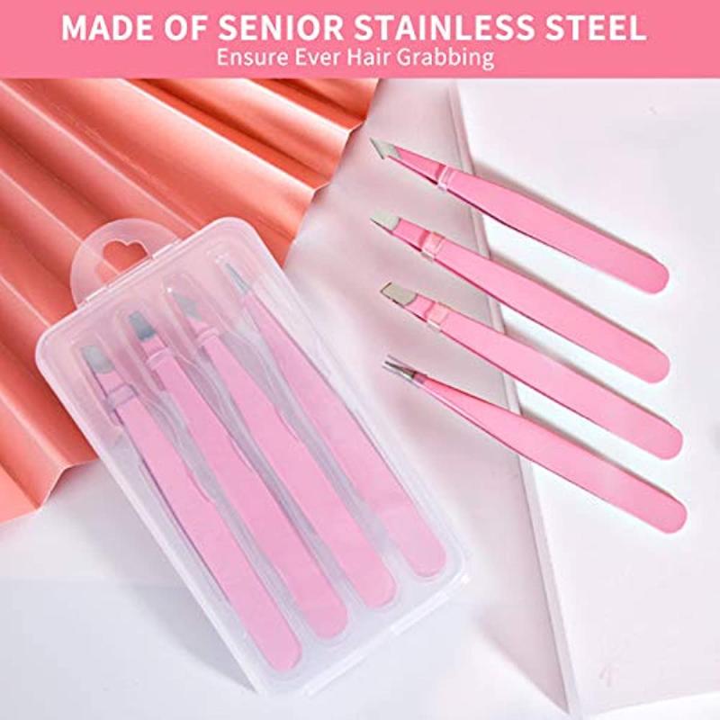 4pcs Stainless Steel Eyebrow Tweezers Set with Storage Box