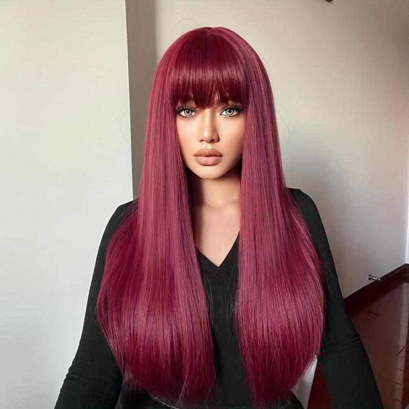 Long Straight Wig With Bangs Synthetic Wig Heat Resistant Costume Wig