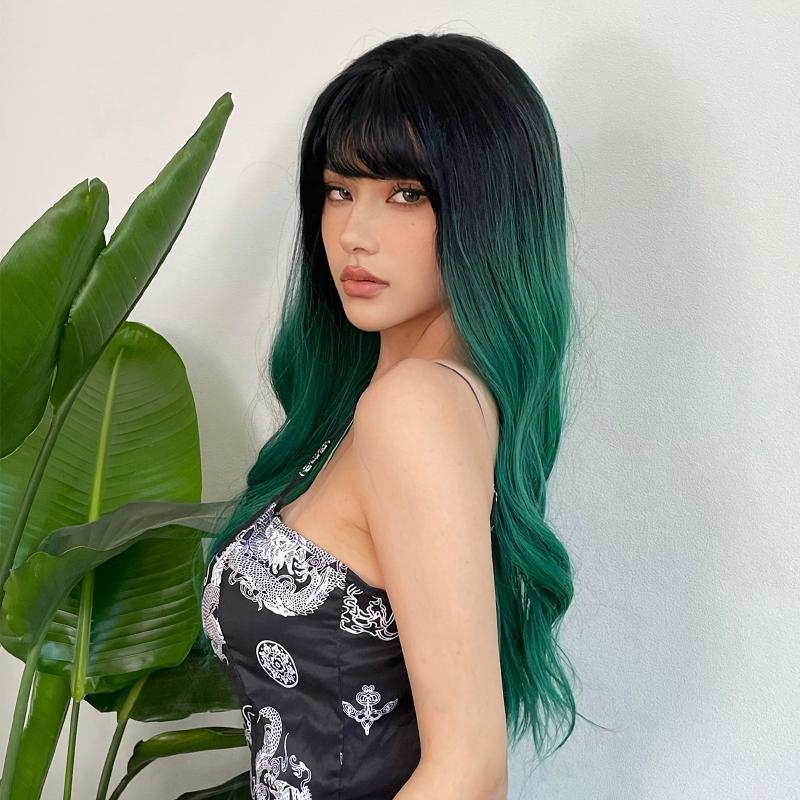 Ombre Green 60 96 Cm Long Wavy Curly Wigs With Bangs Synthetic Fiber Hair