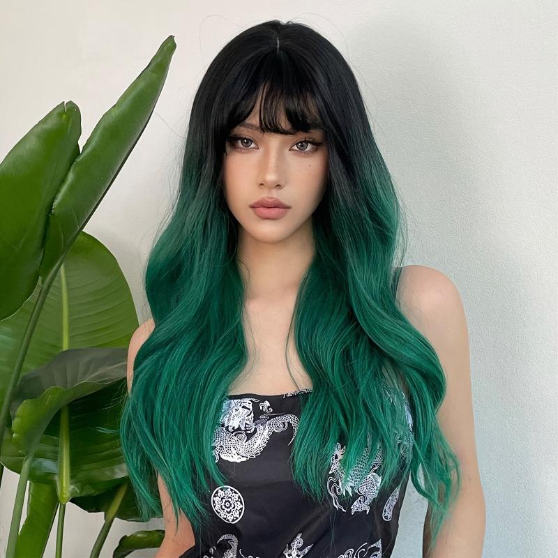 Ombre Green 60 96 Cm Long Wavy Curly Wigs With Bangs Synthetic Fiber Hair