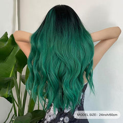 Ombre Green 60 96 Cm Long Wavy Curly Wigs With Bangs Synthetic Fiber Hair
