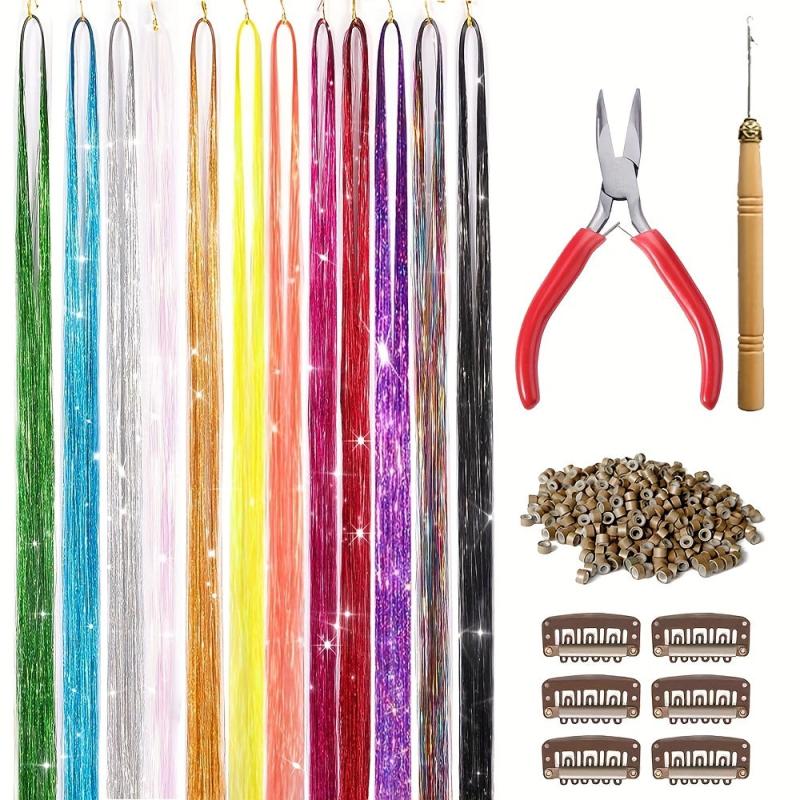 Hair Tinsel Kit 3200 Stands Halloween Christmas Glitter Sparkle Hair Extensions