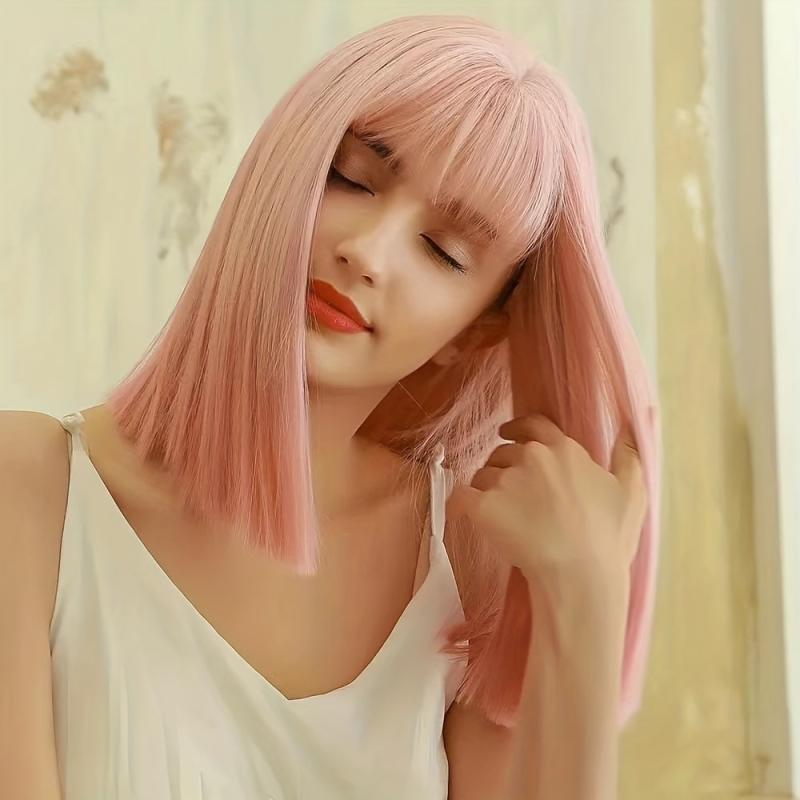 Pink Synthetic Bob Wig Short Straight Style Natural Shine