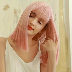 Pink Synthetic Bob Wig Short Straight Style Natural Shine