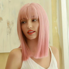 Pink Synthetic Bob Wig Short Straight Style Natural Shine