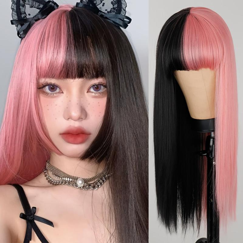 Lolita Cosplay Long Wig Half Pink Blonde Straight Hair Synthetic Wigs