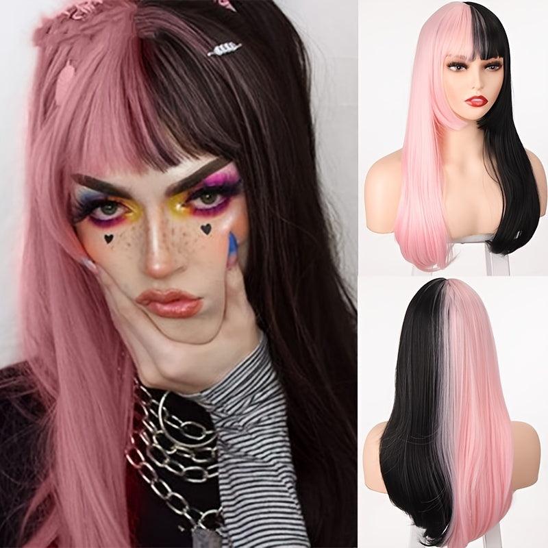 Lolita Cosplay Long Wig Half Pink Blonde Straight Hair Synthetic Wigs
