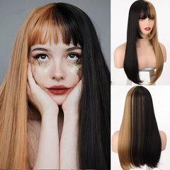 Lolita Cosplay Long Wig Half Pink Blonde Straight Hair Synthetic Wigs