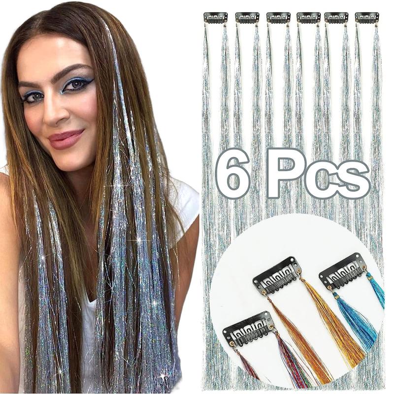 6pcs Y2K Tinsel Hair Extension Glitter Rainbow Synthetic Clip In Hair for Party