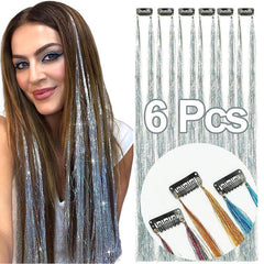 6pcs Y2K Tinsel Hair Extension Glitter Rainbow Synthetic Clip In Hair for Party