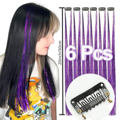 6pcs Y2K Tinsel Hair Extension Glitter Rainbow Synthetic Clip In Hair for Party